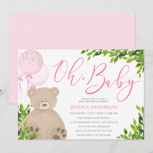 Teddy Bear Pink Balloon Greenery Girl Baby shower Kaart (Voorkant / Achterkant)