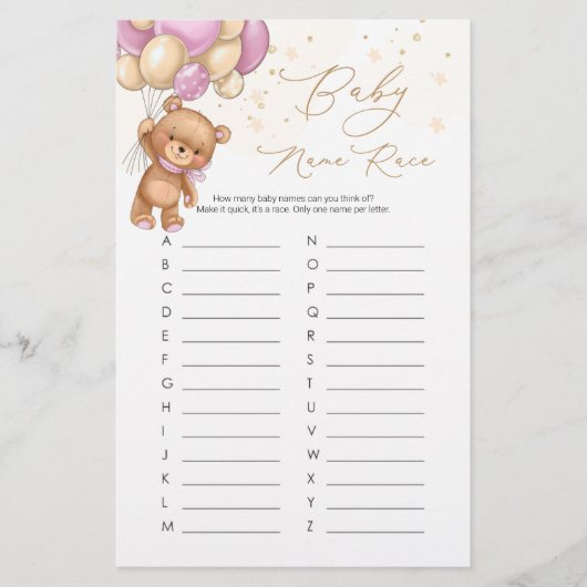 Teddy Bear Pink Balloons Baby Naam Race Game (Voorkant)