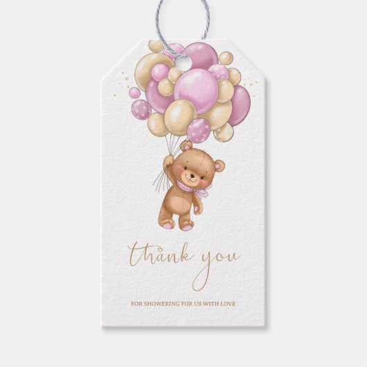 Teddy Bear Pink Balloons Baby shower Dank u Cadeaulabel (Voorkant)