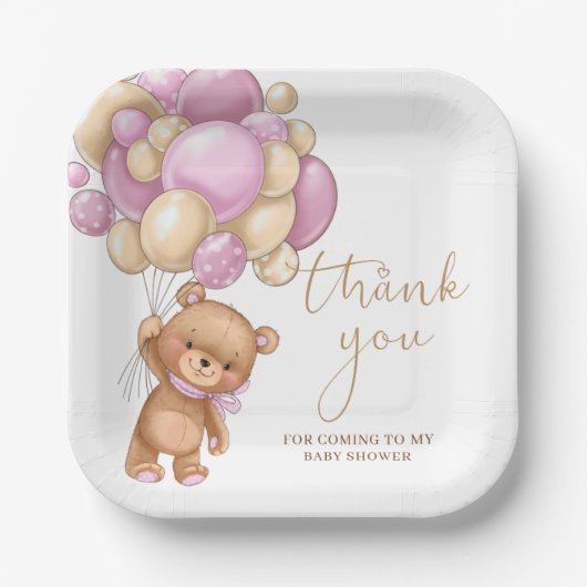 Teddy Bear Pink Balloons Baby shower Dank u Papieren Bordje (Voorkant)
