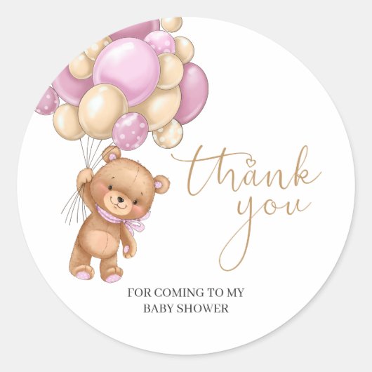 Teddy Bear Pink Balloons Baby shower Dank u Ronde Sticker (Voorkant)