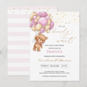 Teddy Bear Pink Balloons Baby shower Informatiekaartje (Voorkant / Achterkant)