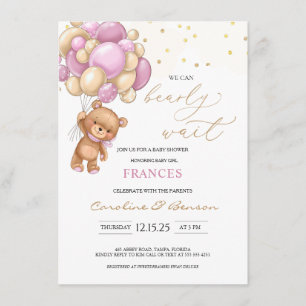 Teddy Bear Pink Balloons Baby shower Informatiekaartje