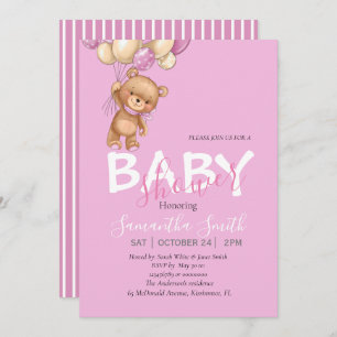 Teddy Bear, PINK Balloons Baby shower Invitation Aankondiging