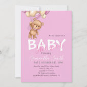 Teddy Bear, PINK Balloons Baby shower Invitation Aankondiging (Voorkant)