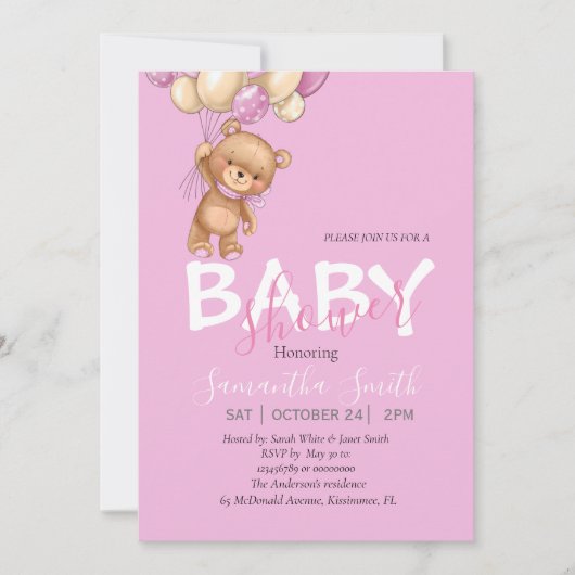 Teddy Bear, PINK Balloons Baby shower Invitation Aankondiging (Voorkant)