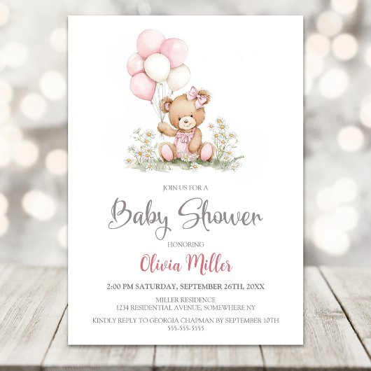 Teddy Bear Pink Balloons Baby Shower Invitation Kaart
