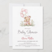 Teddy Bear Pink Balloons Baby Shower Invitation Kaart (Voorkant)