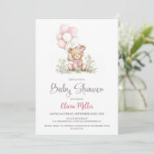Teddy Bear Pink Balloons Baby Shower Invitation Kaart (Staand voorkant)