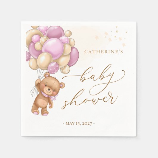 Teddy Bear Pink Balloons Baby shower Napkins Servet (Voorkant)