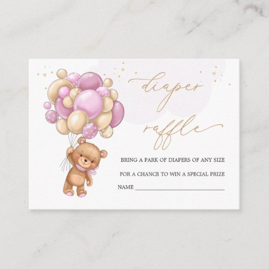 Teddy Bear Pink Balloons Diaper Raffle Informatiekaartje (Voorkant)