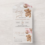 Teddy Bear, Pink Balloons, First Birthday All In One Uitnodiging (Binnen)