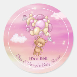 Teddy Bear Pink Balloons Girl Baby shower Ronde Sticker