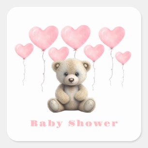 Teddy Bear Pink Balloons Girl Baby shower Vierkante Sticker