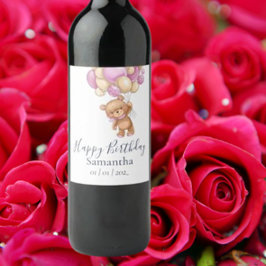 Teddy Bear Pink Balloons Girl Birthday Party Wijn Etiket