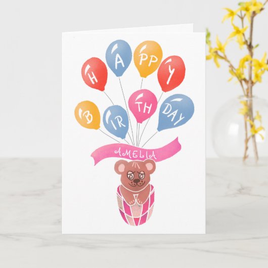 Teddy Bear Pink Balloons Girl Happy Birthday Kaart (Gele Bloem)