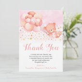 Teddy Bear Pink Balloons Gold Stars Baptisme Bedankkaart (Staand voorkant)