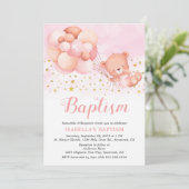 Teddy Bear Pink Balloons Gold Stars Baptisme Kaart (Staand voorkant)