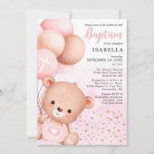 Teddy Bear Pink Balloons Gold Stars Baptisme Kaart (Voorkant)