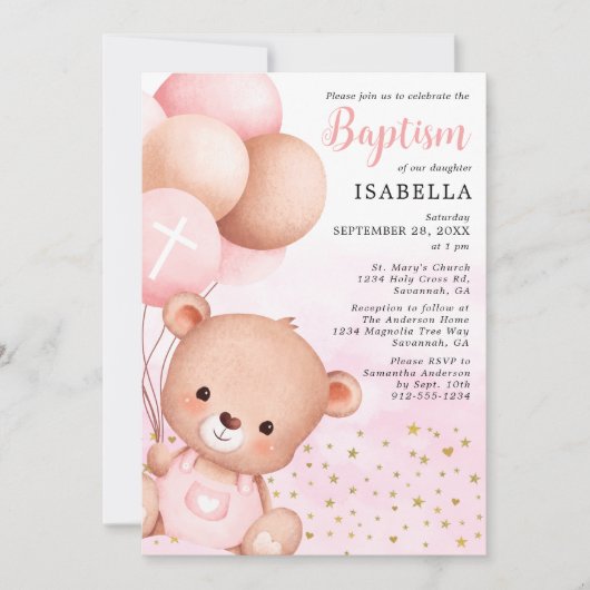 Teddy Bear Pink Balloons Gold Stars Baptisme Kaart (Voorkant)