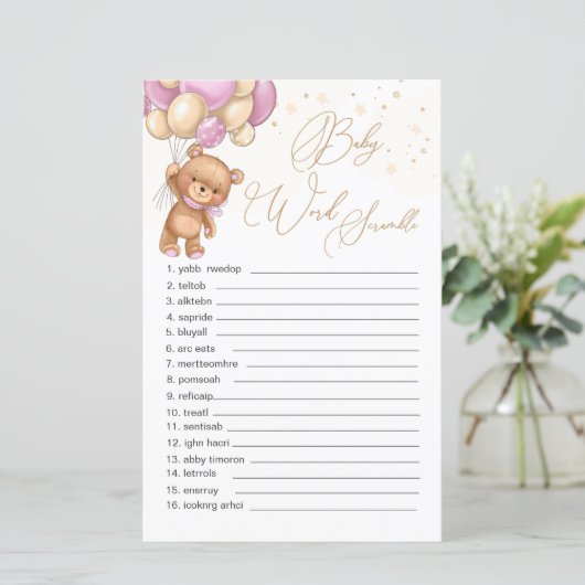 Teddy Bear Pink Balloons Word Scramble Game (Staand voorkant)