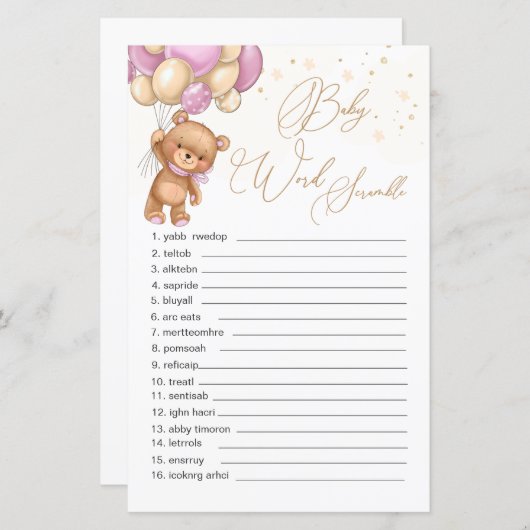 Teddy Bear Pink Balloons Word Scramble Game (Voorkant / Achterkant)