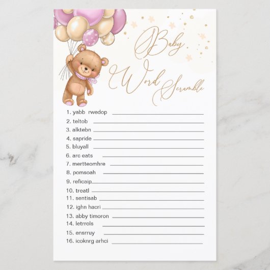Teddy Bear Pink Balloons Word Scramble Game (Voorkant)