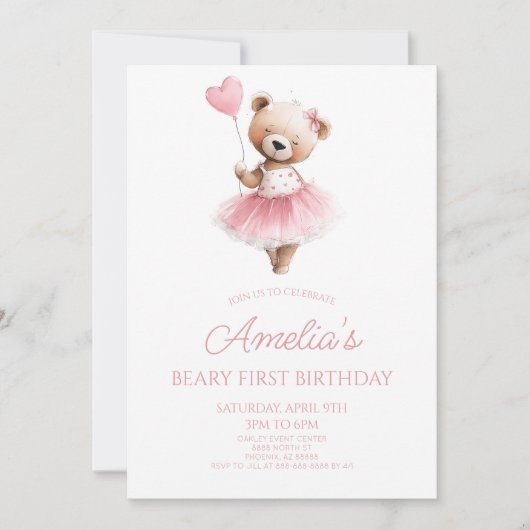 Teddy Bear Pink Beary First 1st Birthday Party Kaart (Voorkant)
