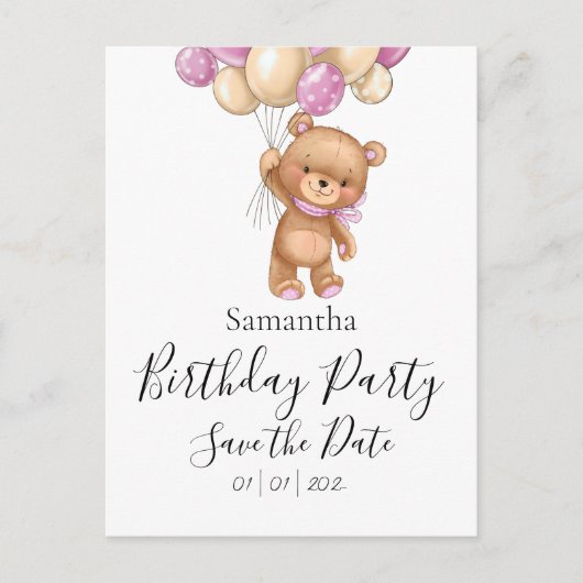 Teddy Bear Pink Birthday Party Save the Date Briefkaart (Voorkant)