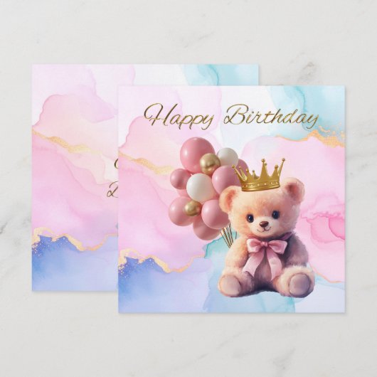 Teddy Bear Pink Bow Gold Crown Happy Birthday (Voorkant / Achterkant)