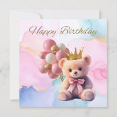 Teddy Bear Pink Bow Gold Crown Happy Birthday (Voorkant)