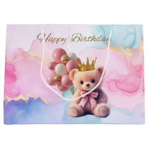 Teddy Bear Pink Bow Gold Crown Happy Birthday Groot Cadeauzakje