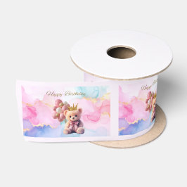 Teddy Bear Pink Bow Gold Crown Happy Birthday Satijnen Lint