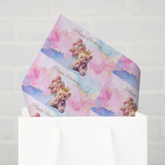 Teddy Bear Pink Bow Gold Crown Happy Birthday Tissuepapier (Cadeauzakje)