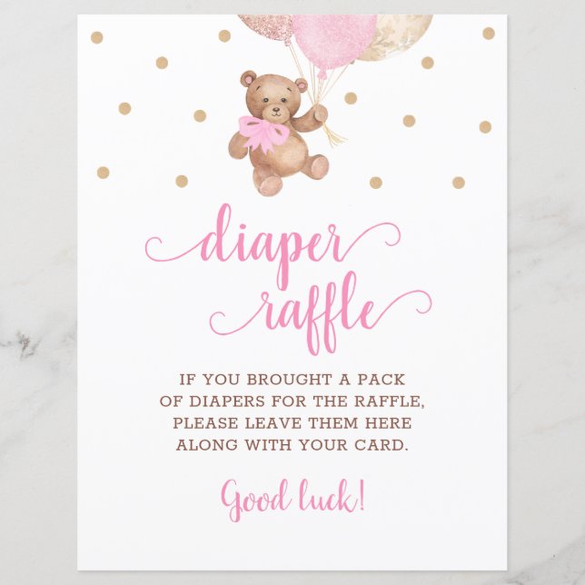 Teddy Bear Pink en Gold Diaper Raffle Game (Voorkant)
