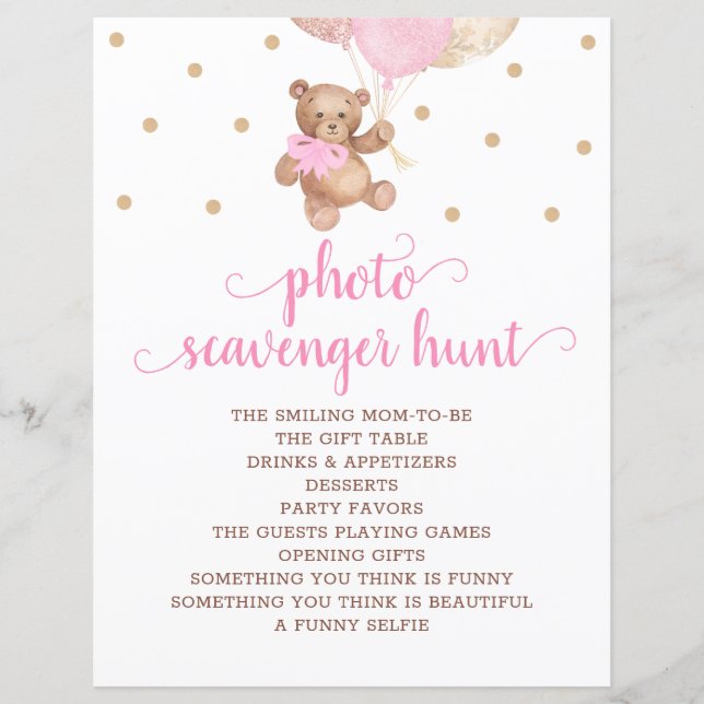 Teddy Bear Pink en Gold Photo Scavenger Hunt Game (Voorkant)