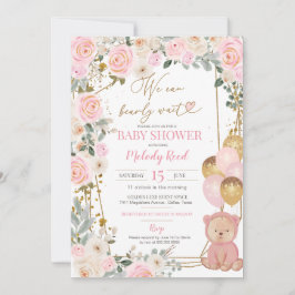 Teddy Bear Pink Floral Balloons Girl Baby shower Kaart