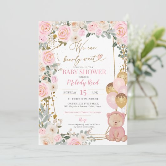 Teddy Bear Pink Floral Balloons Girl Baby shower Kaart (Staand voorkant)