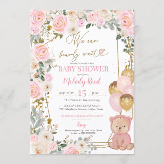 Teddy Bear Pink Floral Balloons Girl Baby shower Kaart