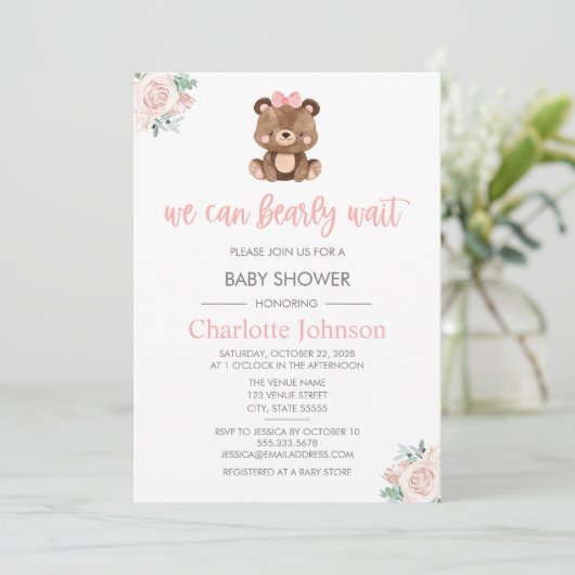 Teddy Bear Pink Floral Girl Baby shower Kaart (Staand voorkant)