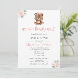 Teddy Bear Pink Floral Girl Baby shower Kaart