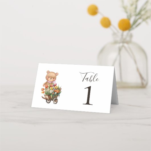 Teddy Bear Pink Floral Rustic Party Place Card Plaatskaartje (Voorkant)