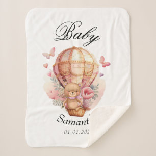 Teddy Bear Pink Hot Air Ballon Baby shower Sherpa Deken