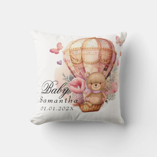 Teddy Bear Pink Hot Air Ballon Baby Sierkussen (Voorkant)