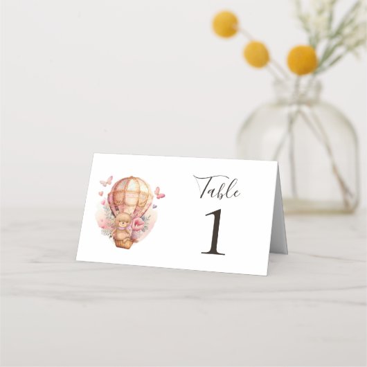 Teddy Bear Pink Hot Air Ballon Place Card Plaatskaartje (Voorkant)