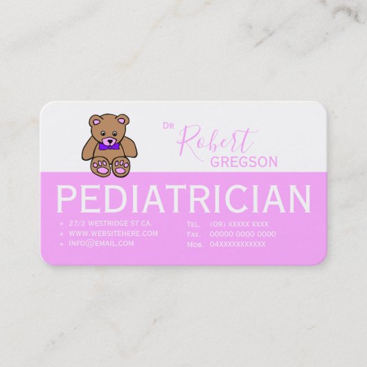 Teddy Bear Pink Pediatricia Appointment Card Afsprakenkaartje (Voorkant)
