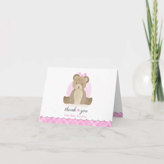 Teddy Bear Pink Plaid Baby shower Dank u Bedankkaart (Voorkant)