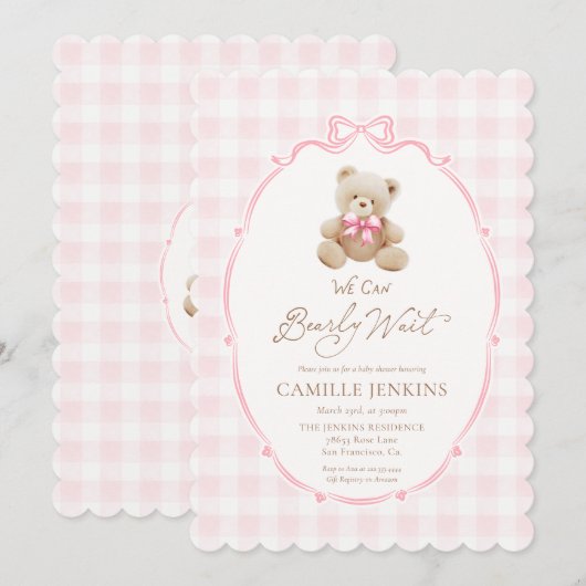 Teddy Bear Pink Plaid Girl Baby shower Uitnodiging (Voorkant / Achterkant)