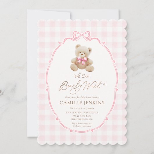 Teddy Bear Pink Plaid Girl Baby shower Uitnodiging (Voorkant)