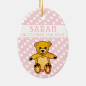 Teddy Bear Pink Polka Dot Baby Girl Geboortedatum Keramisch Ornament (Achterkant)